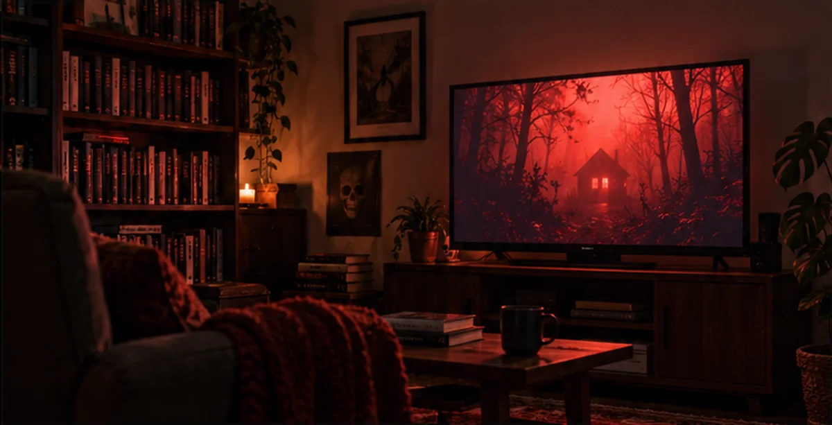 A horror film glowing on a television in a dark reading room