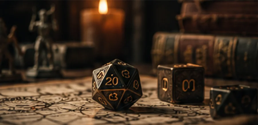 Gaming dice on a candlelit table