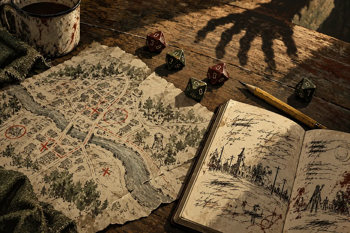 Illustrated dice and a town map beneath the shadow of a zombie hand